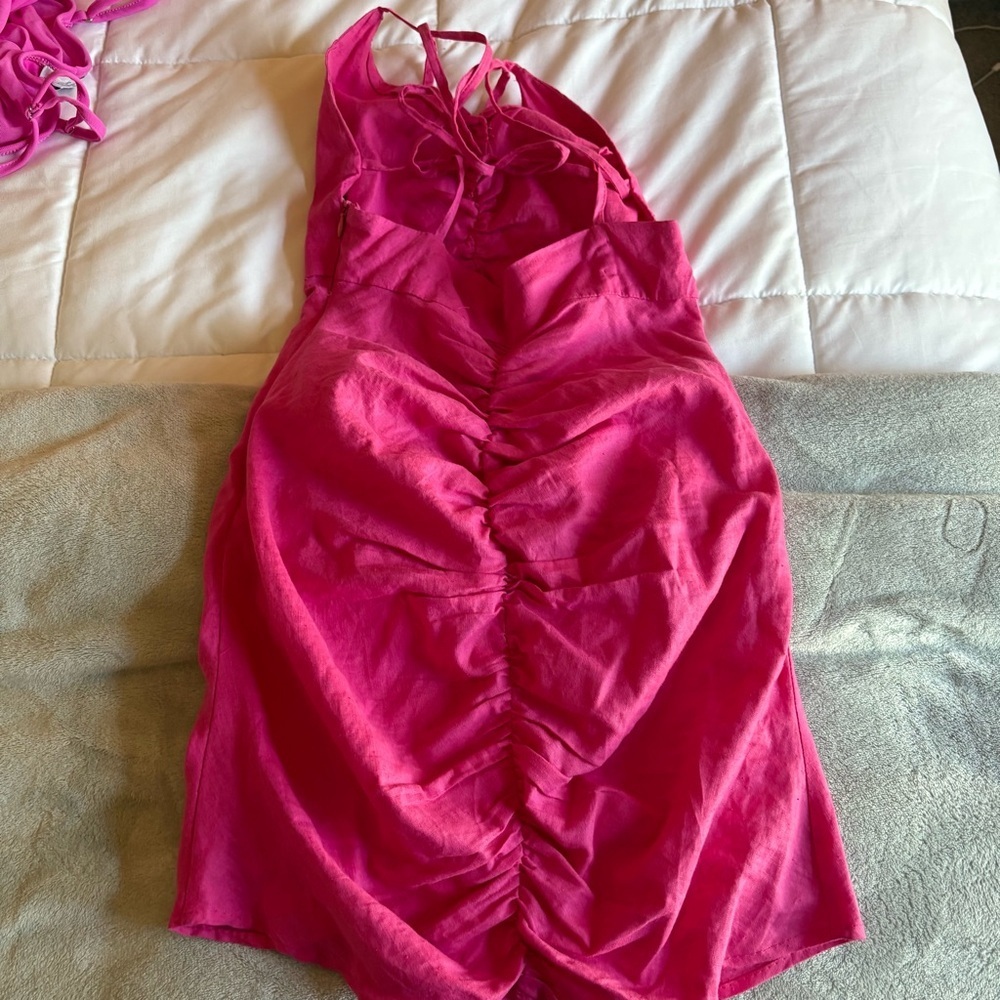 Zara Pink Draped Beaded Linen Blend Dress - Picture 7 of 10